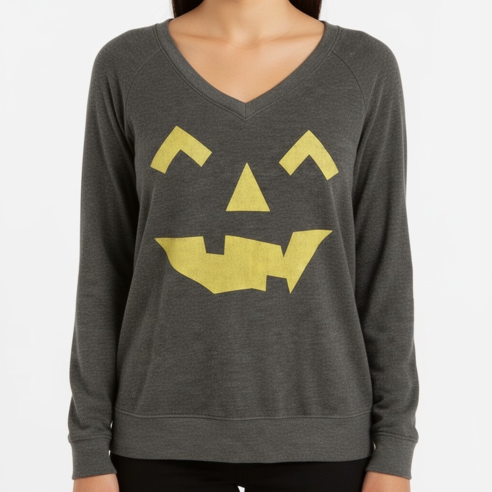 Wildfox Jack O Lantern Halloween V Neck Sweatshirt Gray Yellow Womens S